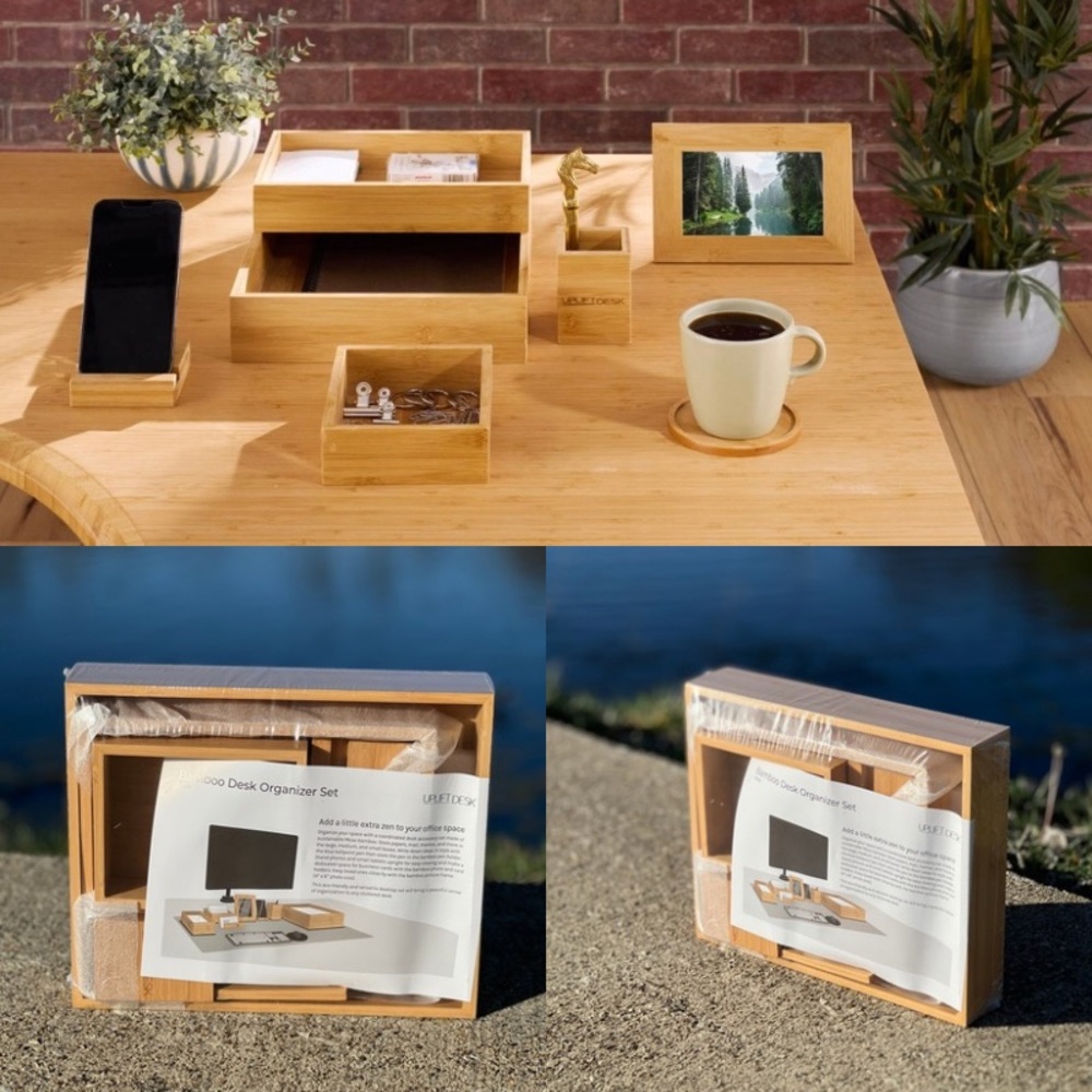 NWT UPLIFT DESK Natural Sustainable Bamboo Storage Desk Organizer 7 Piece Set